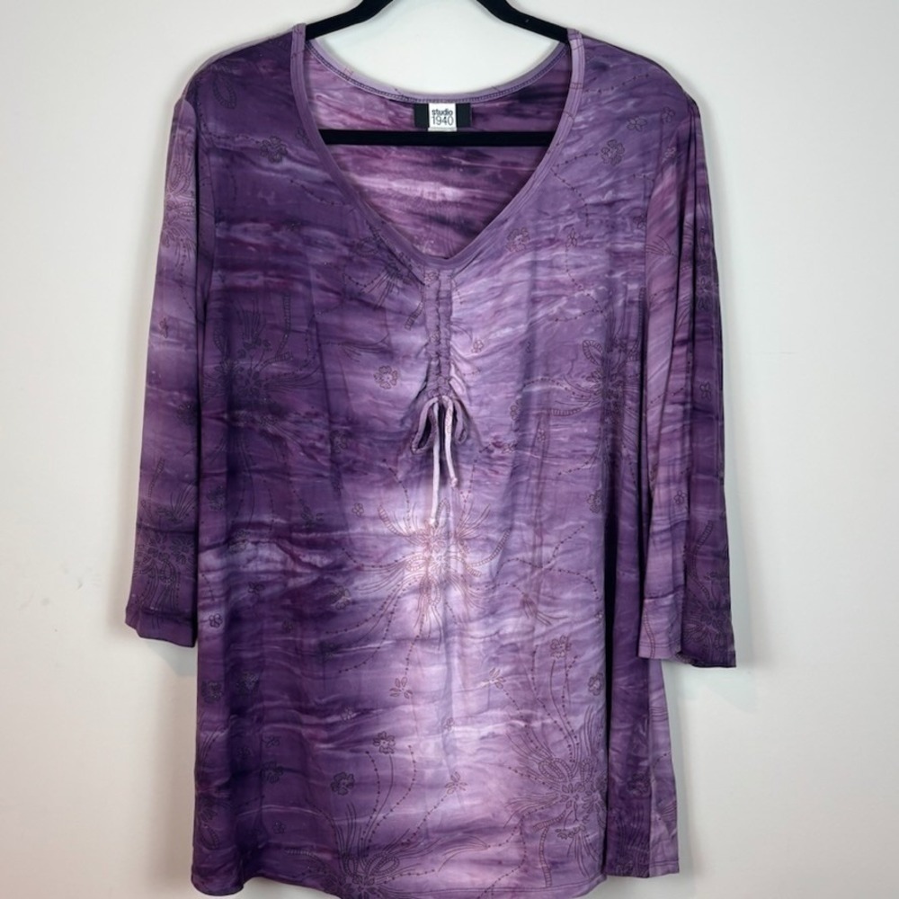 Studio 1940 Y2K Ruched tie front Purple Floral Sparkle‎ Stretch Tunic Womens 22